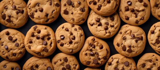 A top view of brown chocolate chip cookies used as a textured background for a copy space image