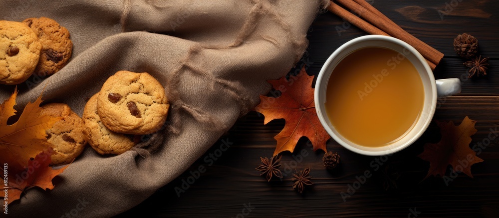 Poster top view of a cozy autumn scene featuring a cup of tea a warm scarf and delicious cookies all surrou