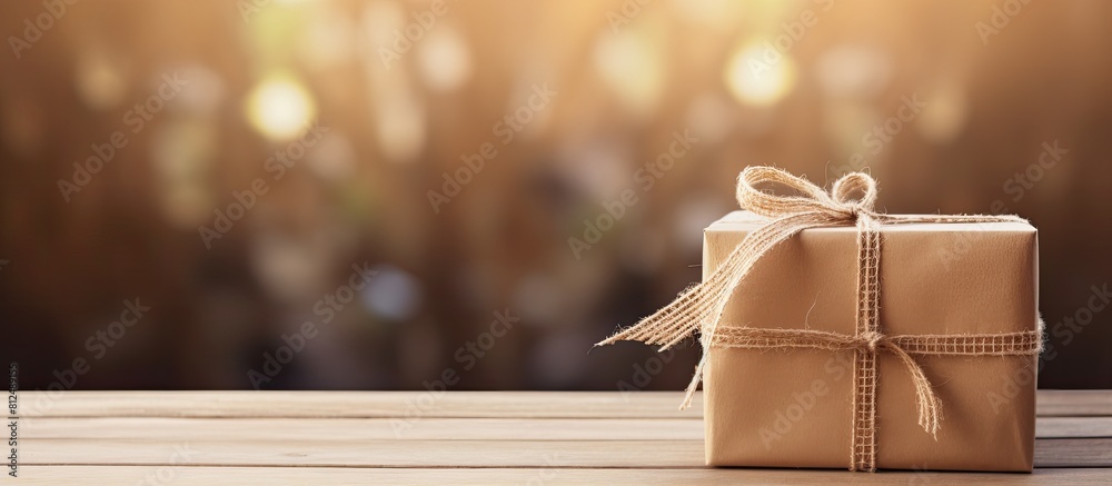Aufkleber craft gift box placed on a wooden table with raffia or twine providing ample copy space in the image