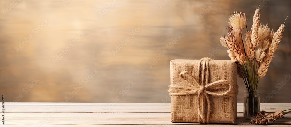 Aufkleber craft gift box placed on a wooden table with raffia or twine providing ample copy space in the image