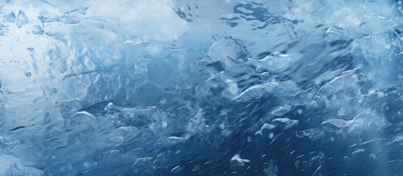 Close up of a frozen river with cracked ice covered in white snow and revealing the deep blue water underneath This copy space image showcases the texture of the ice