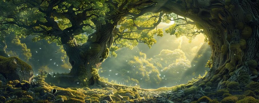 The planet hidden within the hollow of an ancient oak tree in a mystical forest