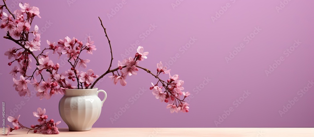 Poster a blooming branch on a lilac background with decorative podiums creating a visually appealing copy s