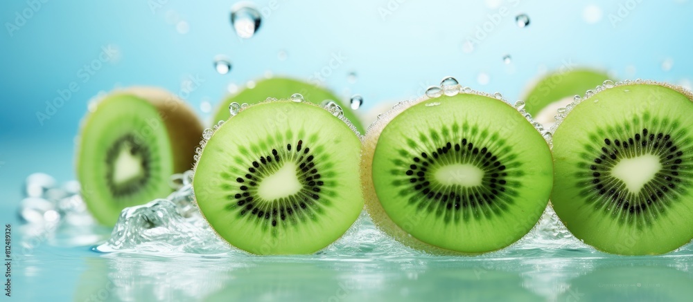 Aufkleber Crisp refreshing bubbles surround a beautiful image of sliced kiwi fruit creating an enticing copy space image