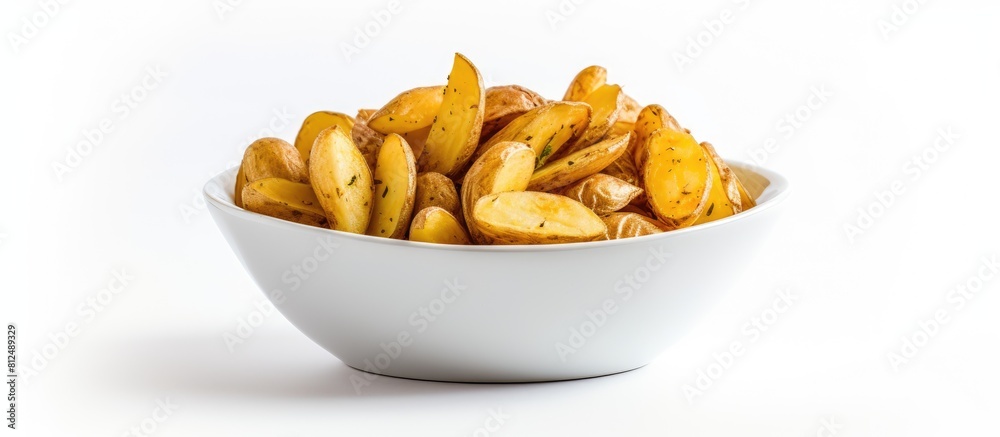 Poster A crispy potato is served in a small bowl on a white background with plenty of space for text or other elements. Creative banner. Copyspace image