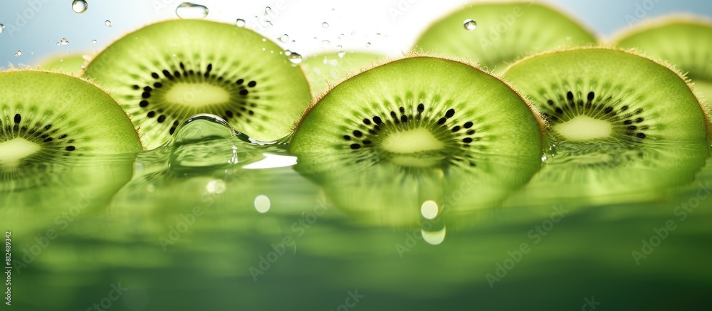 Aufkleber Crisp refreshing bubbles surround a beautiful image of sliced kiwi fruit creating an enticing copy space image