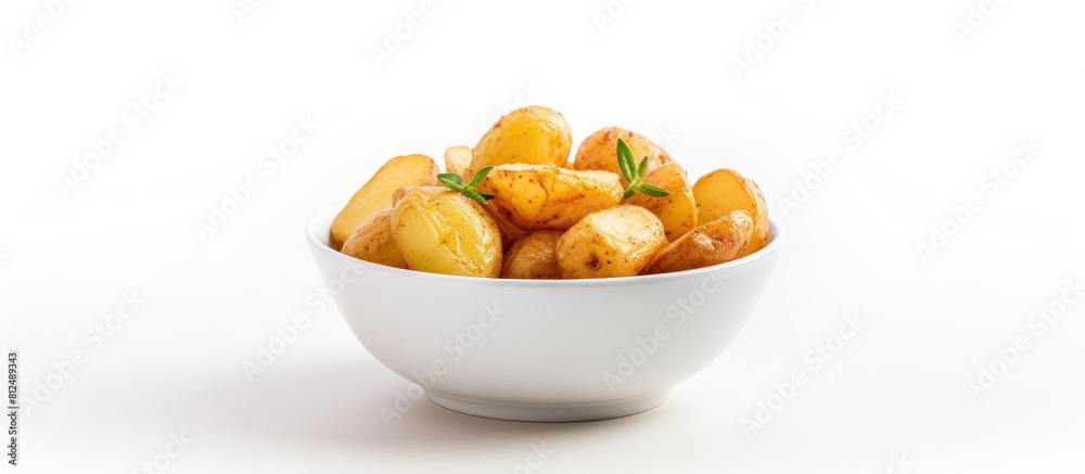 Poster A crispy potato is served in a small bowl on a white background with plenty of space for text or other elements. Creative banner. Copyspace image