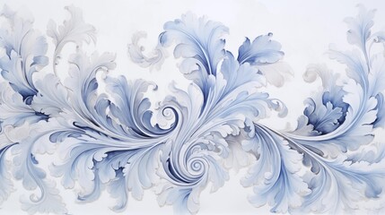 Elegant Blue and White Ornate Baroque Style Wallpaper Design.