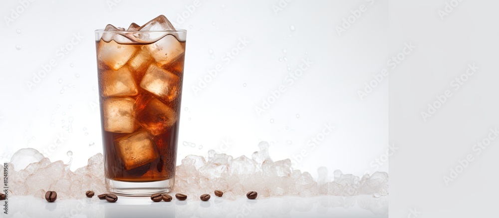 Poster a refreshing cup of iced coffee placed on a blank white surface providing a perfect copy space image