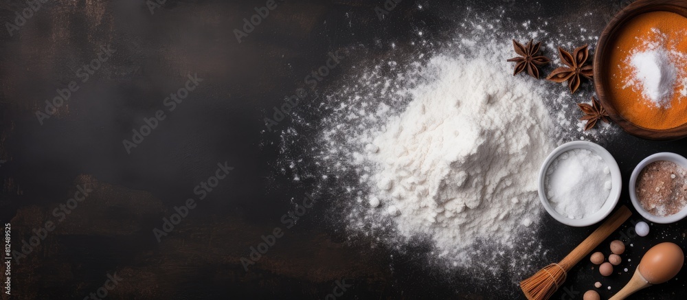 Aufkleber A culinary background featuring baking ingredients like flour eggs sugar and a rolling pin on a black surface Top view with copy space image