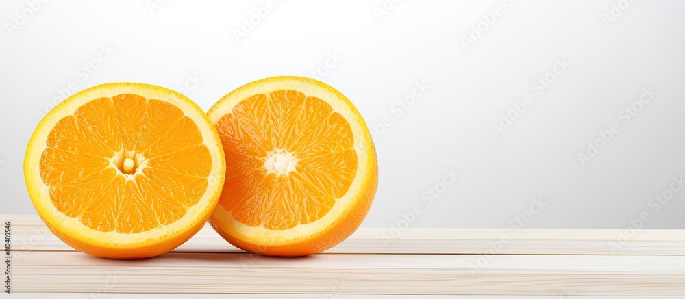 Aufkleber The cut halves of two oranges are positioned on a white wooden table leaving empty space for an image. Creative banner. Copyspace image