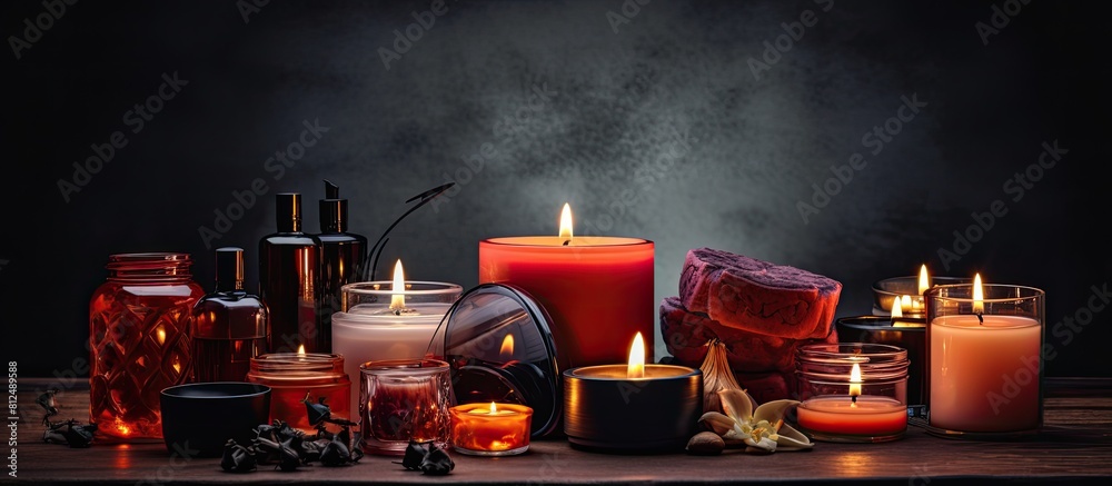 Poster dark background with burning candles and a variety of cosmetic products set providing copy space ima
