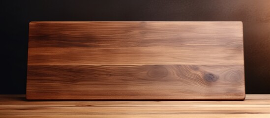 Fototapeta premium A wooden cutting board on a brown table is captured in a panoramic shot with plenty of copy space for potential images