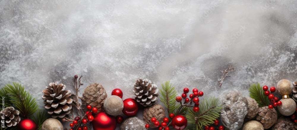 Poster stone background with holiday decorations forming a christmas frame allowing for a copy space image