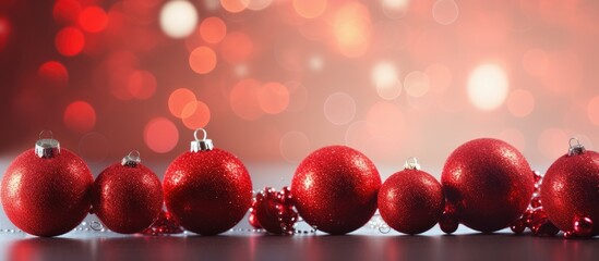 Festive decorations include beautiful red balls beads and a Christmas background with copy space image