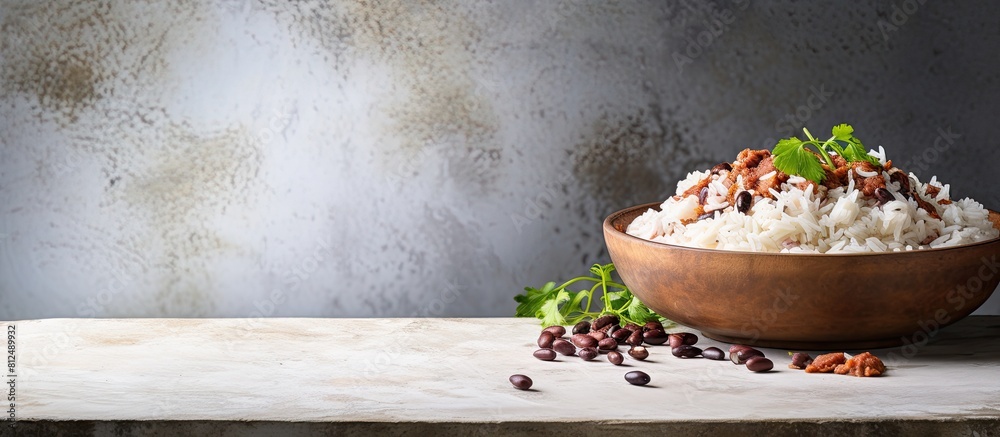 Poster A delectable dish of rice and beans arranged on a stylish grey marble table ready to be savored Ample space available for text in the image