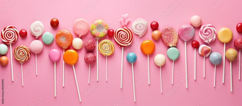 Poster A delectable assortment of lollipops arranged on a delightful pink background with the items placed neatly to create a flat lay composition Ample copy space is available for adding text