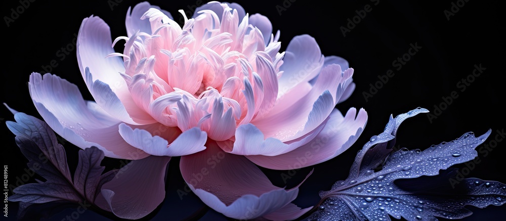 Aufkleber a delicately detailed pink peony flower stands alone against a black background in this artistically