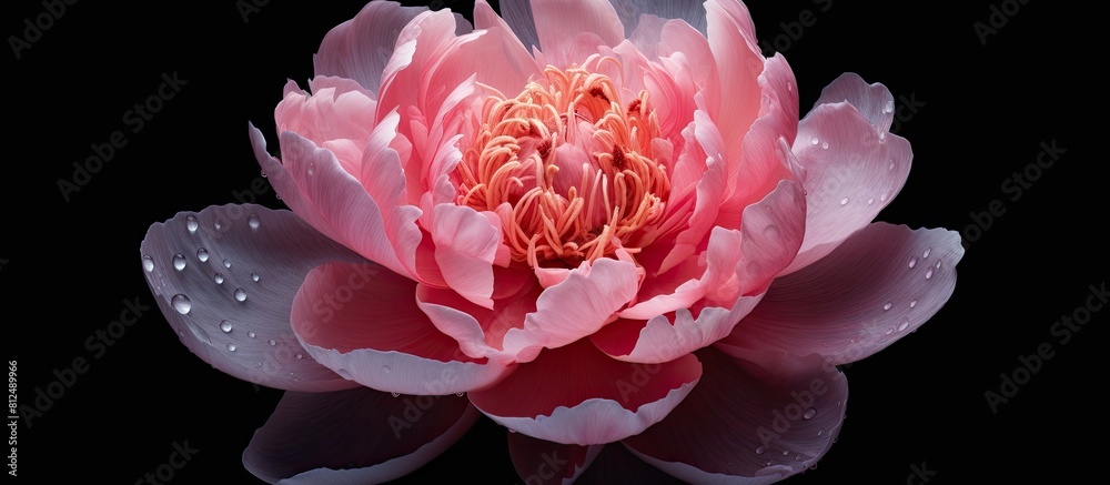 Aufkleber a delicately detailed pink peony flower stands alone against a black background in this artistically