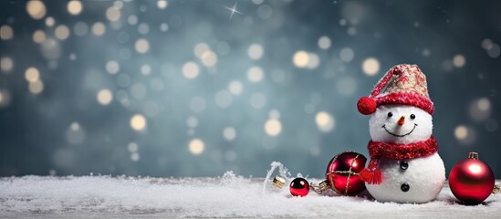 Decorative snowman with balls of thread and Santa hat creating a charming copy space image