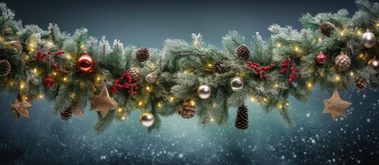 Decorative branches of fir trees and festive Christmas decorations Maximum 68 characters. Creative banner. Copyspace image - Powered by Adobe