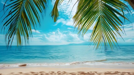 Fototapeta premium Travel destination, view on sandy beach, sun, sky, white clouds, beautiful landscape, summer holidays, vacation, travel