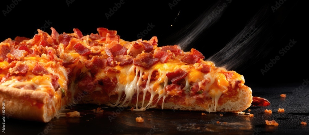 Poster A delicious slice of pizza topped with crispy bacon and melted cheese perfect for a copy space image