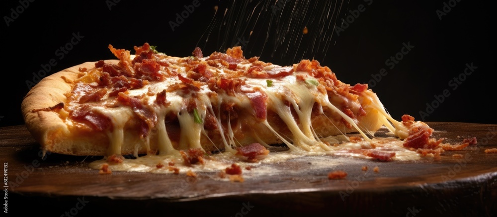 Poster A delicious slice of pizza topped with crispy bacon and melted cheese perfect for a copy space image