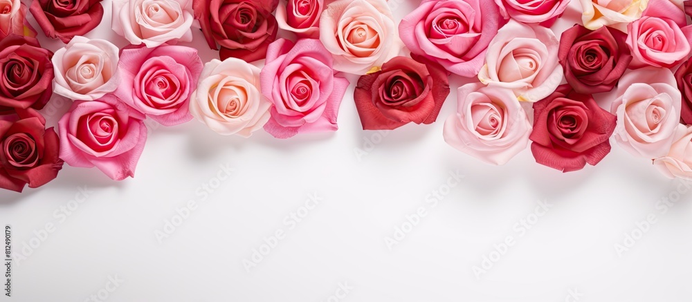 Aufkleber A top view of a rose flower frame on a white background designed for flat lay with empty space for adding content. Creative banner. Copyspace image