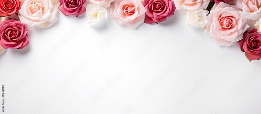 Aufkleber A top view of a rose flower frame on a white background designed for flat lay with empty space for adding content. Creative banner. Copyspace image