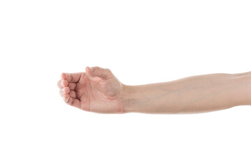 Young adult man hand to hold a bottle isolated on white