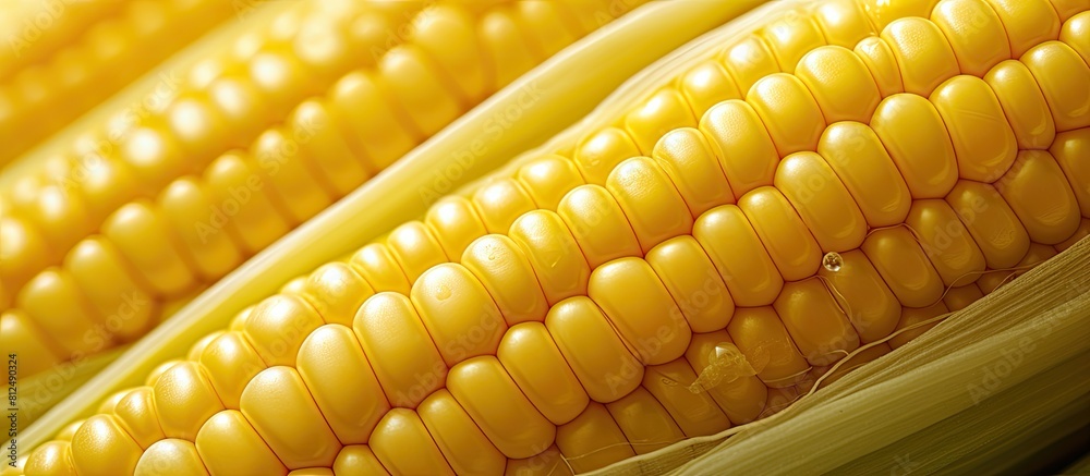 Poster a detailed copy space image of a boiled corn in close up view