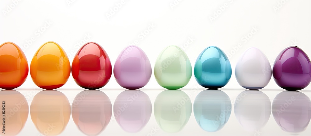 Poster A vibrant display of Easter eggs against a clean white background with ample copy space for personalized messages or designs