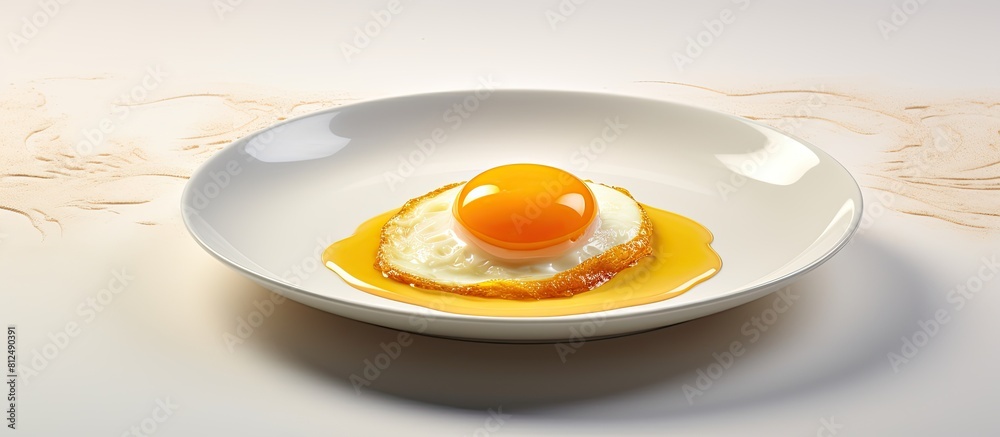 Poster A breakfast dish is presented on a white plate with soft shadows featuring a cooked chicken yolk in a crumpled form The image allows for copy space