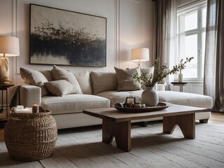 Elegant living room with modern furniture, cozy atmosphere, and neutral tones, perfect for stylish interior design inspiration
