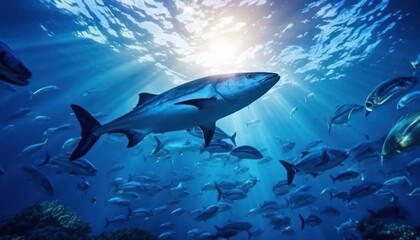 Fototapeta premium Groups of giant Tuna fish in the underwater, coral reef, amazing underwater life, various fish and exotic coral reefs, ocean wild creatures background