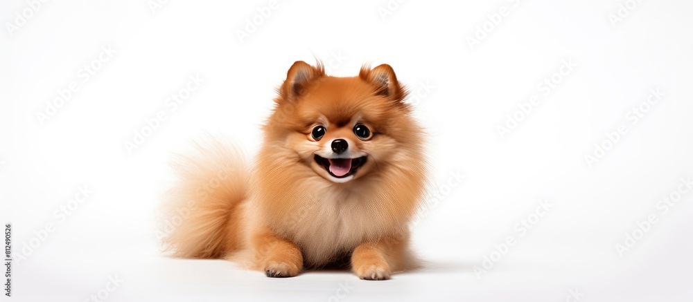 Poster a studio shot of a pomeranian dog with a white background providing a blank space for copy. creative