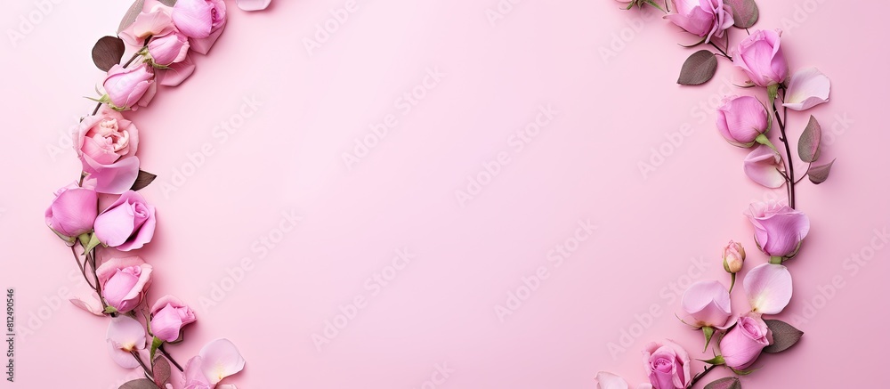 Leinwandbilder top down view of a pink background adorned with a round frame crafted entirely from rose flower buds
