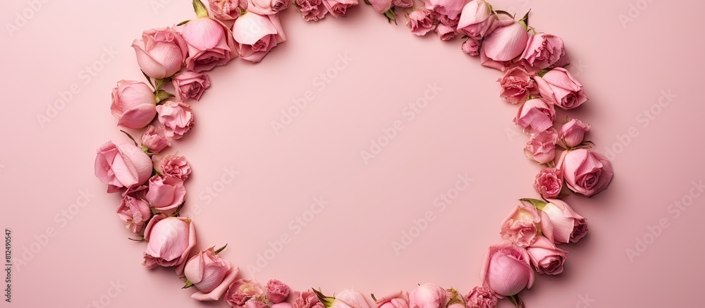 Leinwandbilder top down view of a pink background adorned with a round frame crafted entirely from rose flower buds