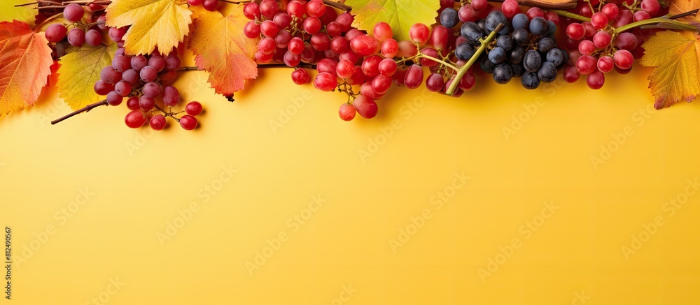 Poster top down view of an autumn composition showcasing a frame formed by vibrant red leaves of the girlis