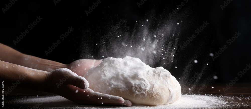 Poster a pizza dough is being tossed in the air scattering flour in a freeze motion resembling a cloud of f