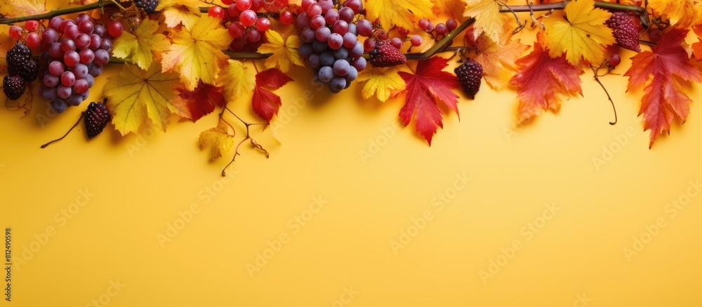 Poster Top down view of an autumn composition showcasing a frame formed by vibrant red leaves of the girlish grape complemented by green berries all set against a bright yellow backdrop Ample copy space ima