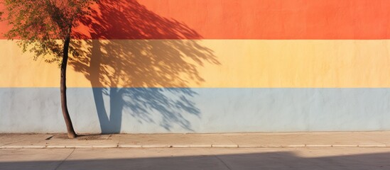 The wall displays a shadow of a tree creating a background with a strip of color Copy space image