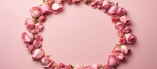 Top down view of a pink background adorned with a round frame crafted entirely from rose flower buds This artful flatlay offers an impressive copy space image