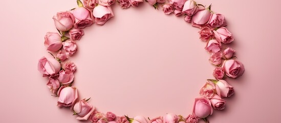 Obraz premium Top down view of a pink background adorned with a round frame crafted entirely from rose flower buds This artful flatlay offers an impressive copy space image