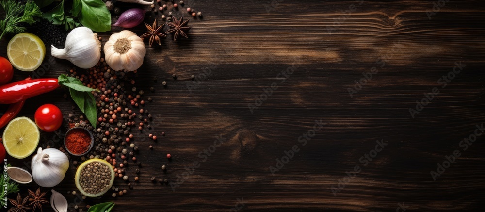 Poster a top down view of a dark wooden background featuring a variety of ingredients like pepper garlic ba