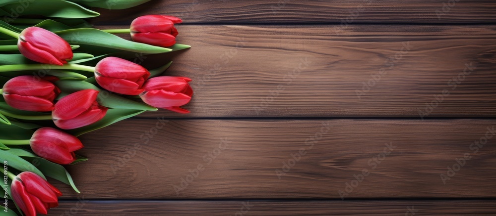 Poster a top down view of red tulips displayed on a rustic wooden table with ample empty space for other el