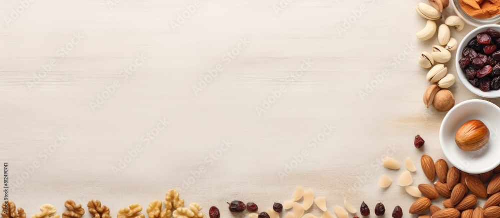 Poster a top down copy space image of a beige table with an almond frame showcasing healthy food