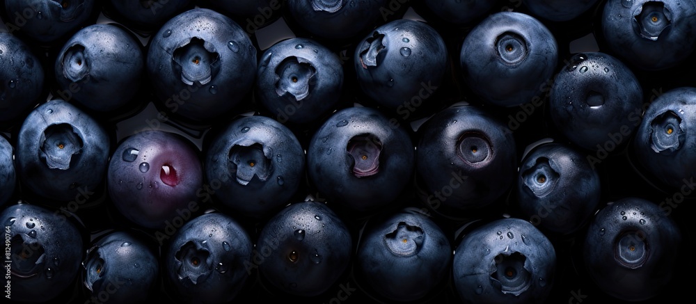 Aufkleber A top down view of ripe organic blueberries arranged on a black background capturing the essence of summer berries The image features a flat layout with ample copy space