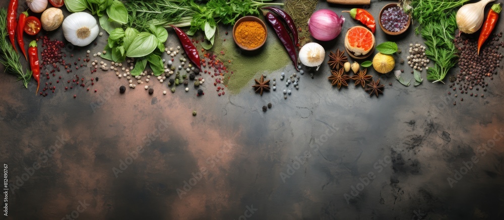 Poster A top down view of a stone table adorned with an assortment of flavorful herbs and spices creating a vibrant cooking scene There is ample space for your text in this captivating copy space image